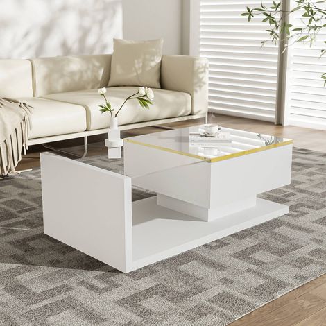 Table basse extensible 90x50x40 cm blanc laqué, effet verre et led, style moderne (1/5)