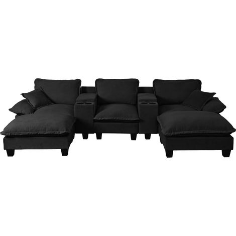 Divano modulare a U in ciniglia nera con USB, portabicchieri, vano, 2 pouf e 2 cuscini (1/5)