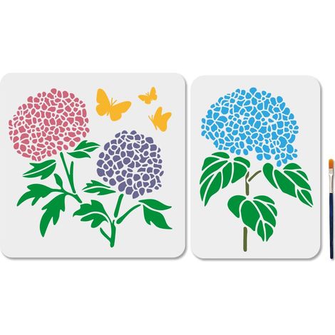 2 Styles Pochoirs Hortensia Modèles de Fleurs Feuilles de 29.7x21/30x30cm Pochoir en Plastique Réutilisable avec Pinceau Modèle de Motif Papillon pour Mur Fenêtre Bricolage Artisanat (1/5)