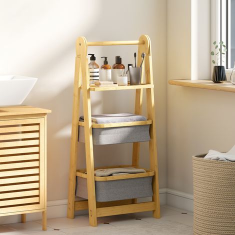 Étagère pliante gris en bambou pour salle de bain avec 2 paniers à linge ouverte (1/4)