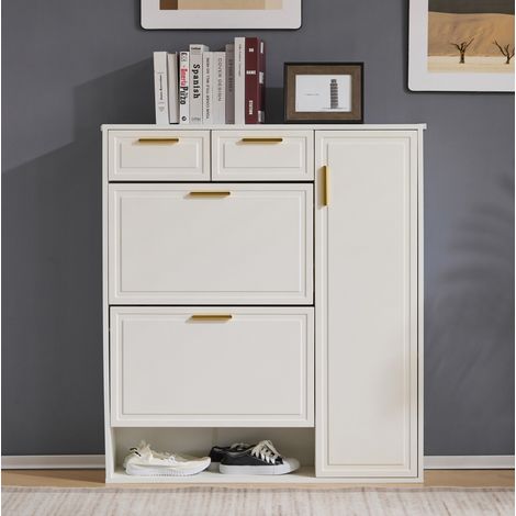 Zapatero 95x24x107.5 cm blanco en tablero de partículas con estantes ajustables, cajones y puertas (1/5)