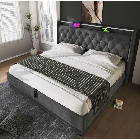 Letto imbottito 180x200 cm grigio in lino, LED 360°, contenitore idraulico, testiera con USB-C (1/5)