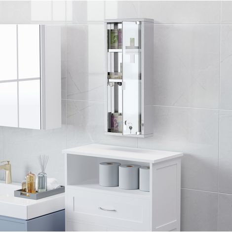 Armadietto portamedicinali 20x12x58 cm, con serratura, 2 chiavi, 2 ripiani, vetro satinato, acciaio inox argento (1/5)