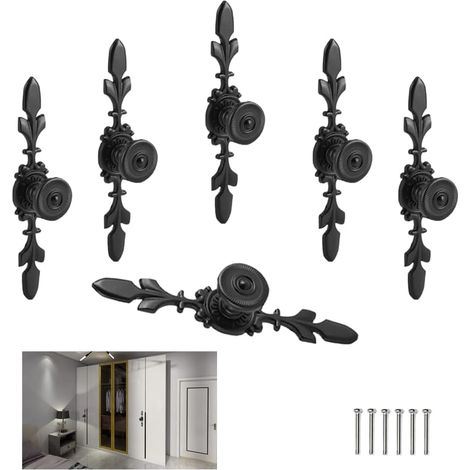 6 tiradores negros vintage para armarios, cajones y puertas - Estilo floral decorativo para muebles con práctico panel trasero