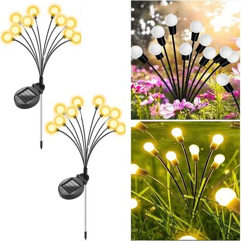 Lot de 2 lampes solaires LED extérieur, lumière chaude scintillante effet luciole, éclairage jardin terrasse, spots paysagers pour pelouse, décor patio, 10 LED par set. (1/5)