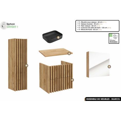 Ensemble complet de salle de bain - Meuble - Colonne - Miroir - Vasque à poser avec Siphon OFFERT MARCO Oak 60 x 56 x 45 cm (1/5)