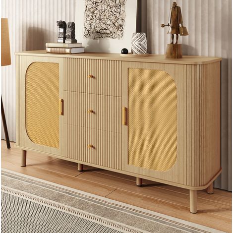 Aparador de salón de madera con 3 cajones, 2 puertas, estantes y patas de metal (1/5)