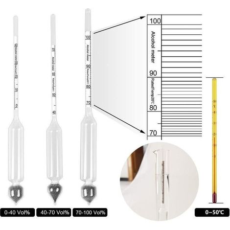 Alcoomètre Pèse-Alcool Professionel - Set de 3 Hydromètres à Graduation de 0 à 100% + Thermomètre pour Mesurer la Teneur en Alcool du Eau-de-Vie, Whisky, Vodka, Cognac, etc. (1/5)