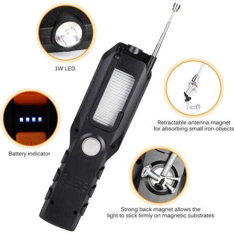 Lampe de travail LED COB rechargeable USB, avec crochet magnétique orientable, idéale pour réparations (1/5)