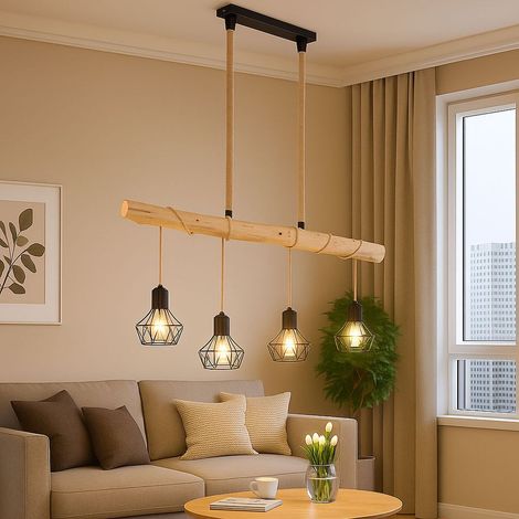 Hängeleuchte Holzbalken Esszimmerleuchte Höhenverstellbar Hängelampe Holz Gitterschirmen, Metall, 4x LED 7W 806Lm warmweiß, LxBxH 100x13,3x120 cm