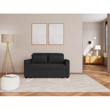 Bestmobilier – Canapé droit 2 places convertible en velours côtelé noir – Couchage 180x120cm – Coussins déhoussables – Style contemporain (1/5)
