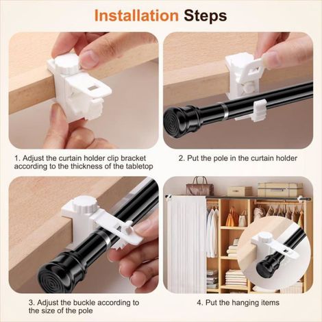 Support De Tringle À Rideau Réglable - Fixation Sans Perçage - Pour Tringle Diamètre 1 À 1,6 Cm - Épaisseur Panneau 1 À 3,7 Cm - Lot De 4 (1/5)
