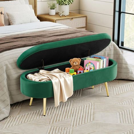 Banc rangement vert – Velours – Pieds métal – Bois massif – 20L – 110x40x42cm – Chambre/Salon/Entrée (1/5)