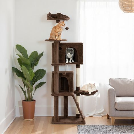 Tiragraffi per gatti da 160 cm con piattaforme, cuccia, 2 grotte, amaca, scaletta e pali in sisal marrone.
