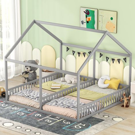 Bett 90x200 Hausbett 2 in 1 Grau Kieferholz HAVRYA (1/5)