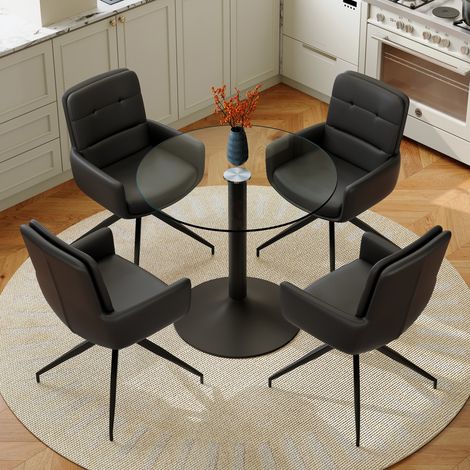 Conjunto de comedor redondo de vidrio templado de 85 cm con 4 sillas giratorias de PU negras (1/5)