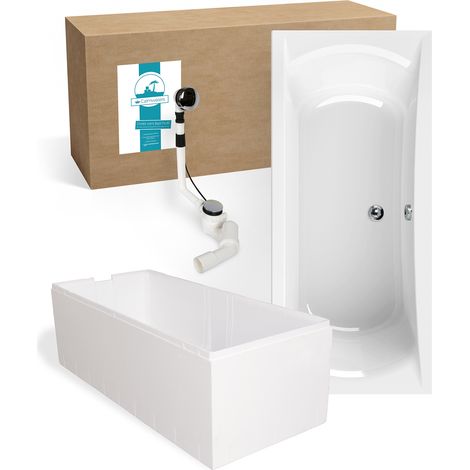 Calmwaters® Rechteck Badewanne Komplettset 180x80 cm mit Wannenträger & Ablaufgarnitur, Acrylwanne Modern Curved, Duowanne für 2, Set Badewanne komplett, Rechteckbadewanne 180 x 80, Weiß, 99000159 (1/5)