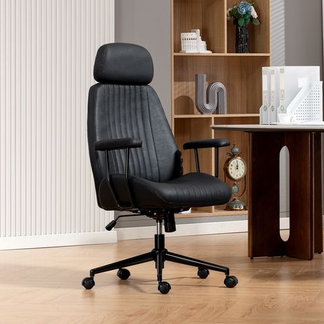 Fauteuil de Bureau en Cuir Synthétique Noir, Hauteur Réglable, Pivotant 360°, Inclinable 15°, Charge Max 136kg, Fauteuil de Travail avec Appui-tête (1/5)