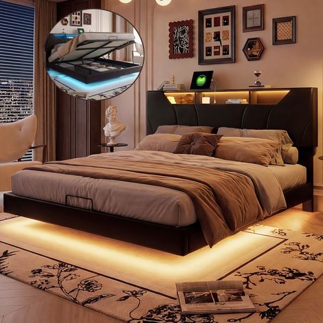 Lit rembourré 160x200 cm avec LED, lit flottant hydraulique avec coffre de rangement et sommier à lattes, lit double avec fonction de charge USB, tête de lit réglable avec compartiment de rangement, e (1/5)