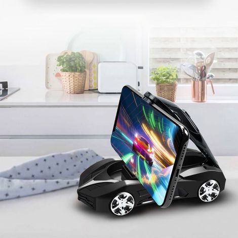 Support téléphone voiture forme sportive, antidérapant, rotation 360°, fixe console centrale, noir, usage bureau maison (1/5)