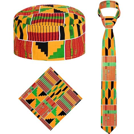 Ensemble de tissu africain Kente 3PCS, chapeau Kufi & cravate Kente & costume Pocket Square pour le mois de l'histoire noire, accessoires de diplôme pour hommes