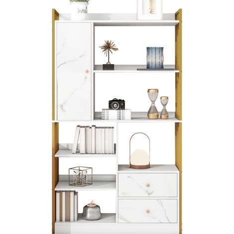 Bibliothèque 6 étagères verticales avec portes et tiroirs, style industriel, structure en acier, blanc effet marbre avec cadre doré (1/5)