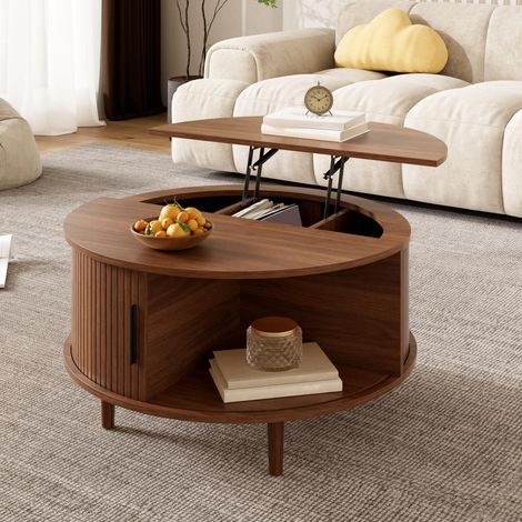Tavolino da salotto rotondo elevabile Ø80 cm con doghe verticali e vano contenitore, stile moderno scandinavo - Noce