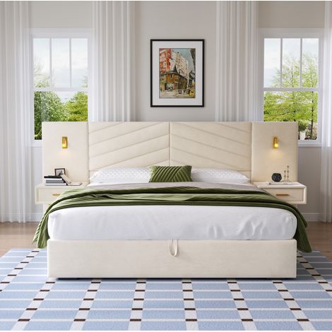 Letto king moderno in velluto Beige White 266x205 cm con testiera ad ali, contenitore alzabile e 2 comodini