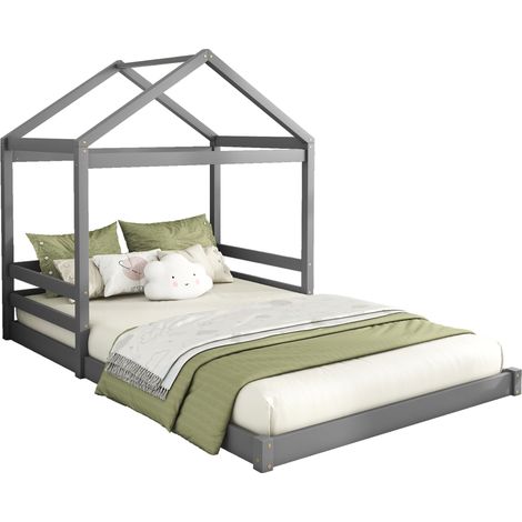 CHICFURN Letto casetta per bambini 140x200 cm in pino e MDF grigio con rete a doghe, senza materasso (1/5)