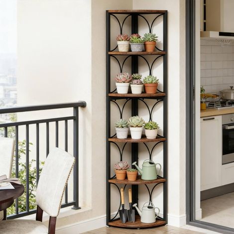 Scaffale angolare multifunzione a 6 livelli, metallo e legno, nero e marrone rustico HAVRYA (1/5)