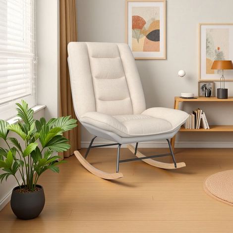 Skandinavischer neigbarer Schaukelstuhl für 1 Person - beige Leinenstoff, verstellbare Rückenlehne mit 5 Positionen