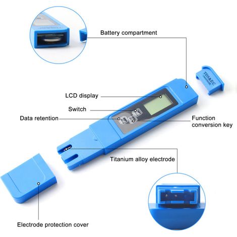 Testeur de Qualité d'Eau 3-en-1 - Analyseur Professionnel EC/TDS/Température - Capteur en Alliage de Titane - Portatif - Bleu (1/4)