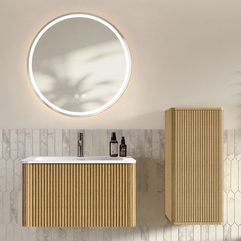 Conjunto de muebles de baño con espejo LED, lavabo y armario auxiliar, roble, MDF y vidrio (1/5)