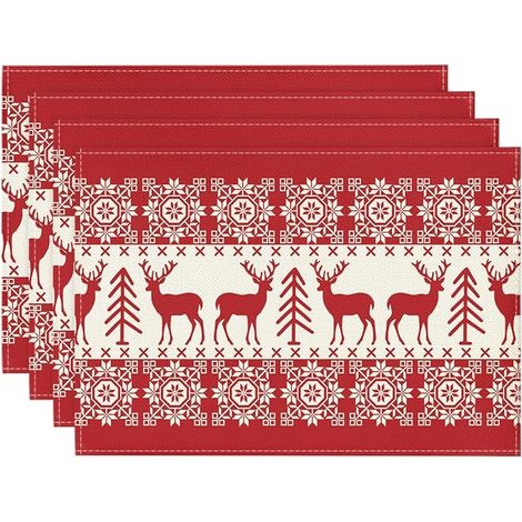Ensemble de 4 sets de table de Noël à motifs cerfs, 12x18 pouces, sets de table hivernaux pour chemin de table, fête, cuisine, salle à manger et décoration. (1/4)