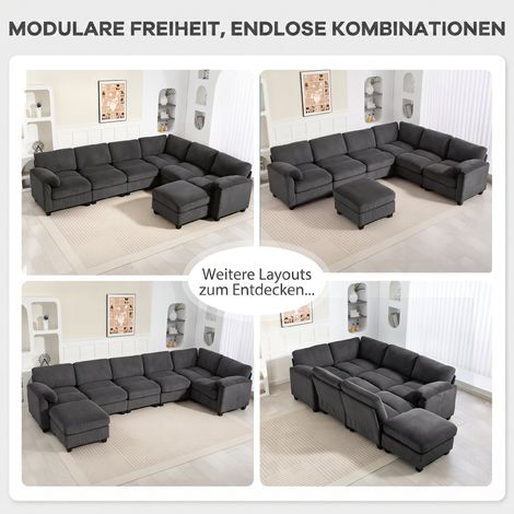 Ecksofa, U-förmiges Sofa, Sofa mit Federkernpolsterung, weichen Armlehnen, verschiebbarem Hocker, Samt, 292 x 224 x 85 cm, dunkelgrau (1/5)