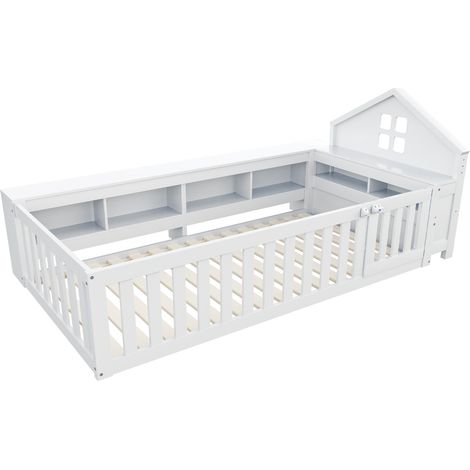 Cama infantil 90 x 200 cm con techo, ventana, almacenaje, barrera y puerta, blanca (1/5)