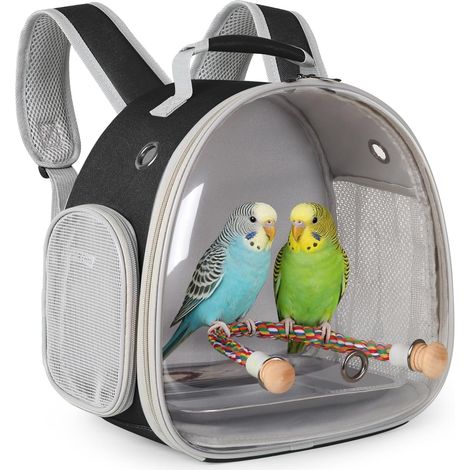 Sac à dos de voyage pour petit oiseau, sac à dos de transport avec plateau en métal, perchoir pour perruches, calopsittes perruches, vétérinaires (noir) (1/4)