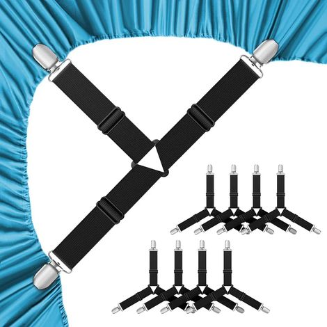 Attaches réglables pour draps-housses, lot de 8 pièces avec clips métalliques, système de fixation ajustable pour maintien parfait du linge de lit (1/5)