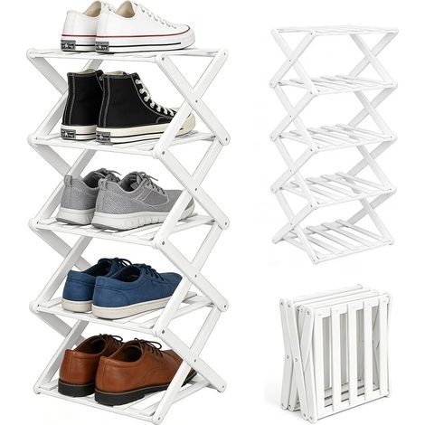 Étagère à chaussures étroite, petite étagère à chaussures peu encombrante, porte-chaussures verticale en bambou, petit rangement à chaussures pliable pour couloir, entrée, petits espaces, blanc (1/5)