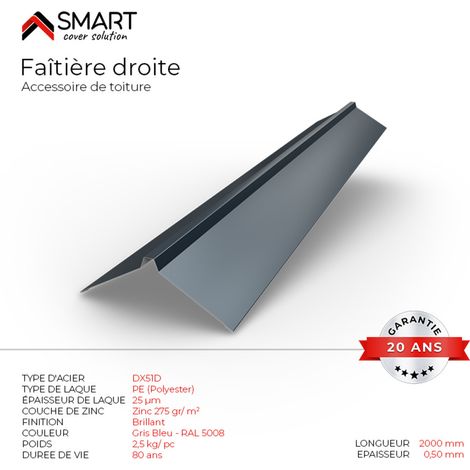 Faîtière droite - bac acier - tôle de couverture - Toiture -  Coloris Gris Bleu RAL 5008 L=2m, épaisseur 0.50mm