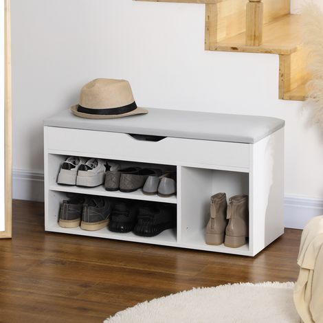 Schuhschrank, 2-stufige Schuhbank mit Stauraum, Nische + integrierte Kommode mit Kissen, Weiß