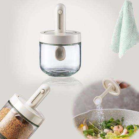 Barattolo per spezie in vetro con coperchio a cucchiaio integrato e retrattile, contenitore per spezie
