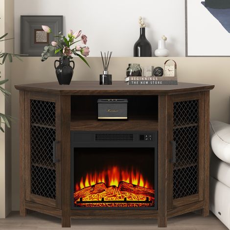 Parrot Uncle Eck-TV-Lowboard mit Elektrokamin 114 cm, TV-Schrank für Fernseher bis 55 Zoll, 18 Zoll LED-Flammeneffekt, Stauraum, Holzoptik Braun (1/5)