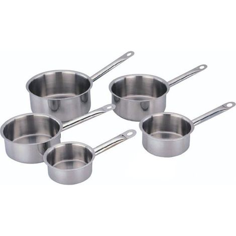 Lote de 5 cacerolas BAUMALU inox profesional 12 14 16 18 20 cm, borde vertedor, fondo triple capa, inducción (1/2)