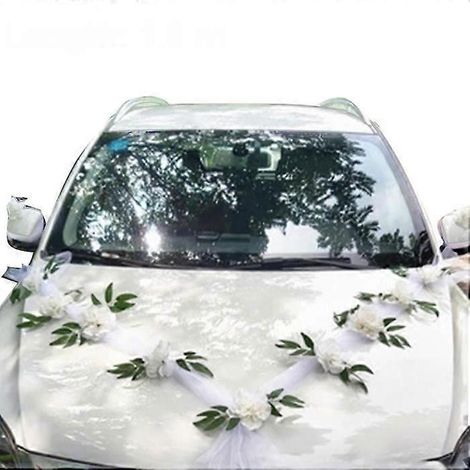 Décorations de voiture de mariage, bouquet de fleurs artificielles et ruban, décoration avant de voiture de mariage, ensemble de rubans floraux pour la décoration arrière de la voiture de mariage (1/5)