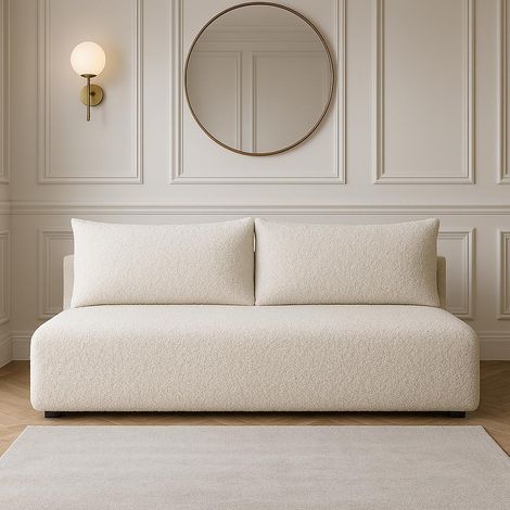 Sofello Sofa LUNO boucle mit Schlaffunktion Creme – Moderne Boucle sofa für Ihr Wohnzimmer, Schlaffläche: 204×144 cm (1/5)