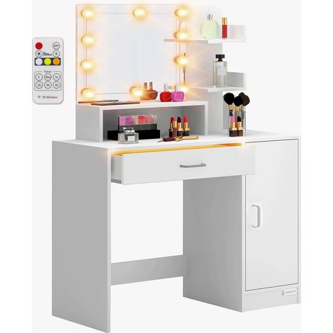 Coiffeuse blanche avec miroir LED et tiroir de rangement 90x38 cm, meuble de maquillage 40x90x140 cm pour chambre et dressing (1/4)