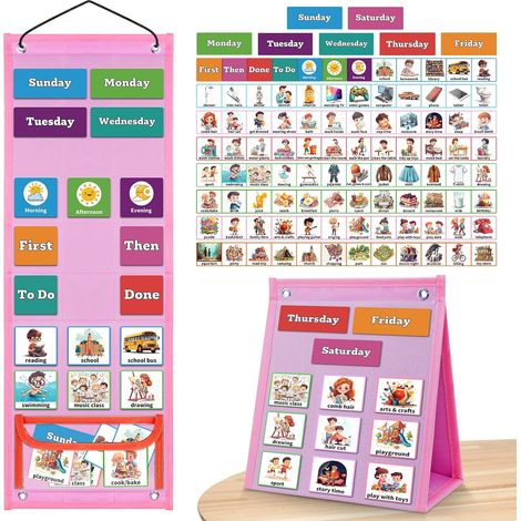 Programme Visuel pour Enfants, Tableau de Routine Quotidien 3-en-1 avec 103 Cartes, Planificateur Mural pour Enfants Autistes, Matériel d'Apprentissage pour la Maison et l'École, Rose (1/5)