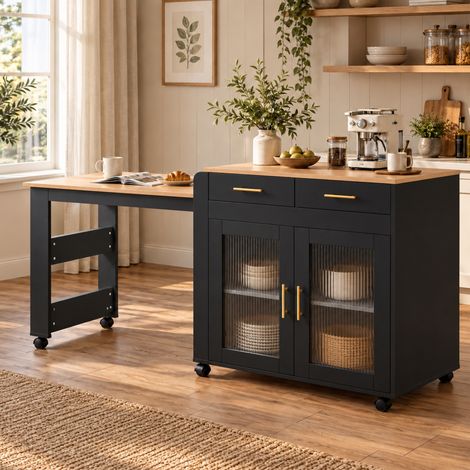 MODFU – Isla de cocina extensible 116-177 cm de aglomerado con enchufes USB, compartimentos, ruedas y carga 60 kg – Negro (1/5)