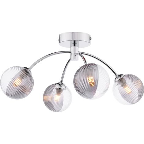Dar Izzy Plafonnier semi-encastré Izzy à 4 lumières, finition chrome poli et verre fumé/transparent nervuré (1/3)